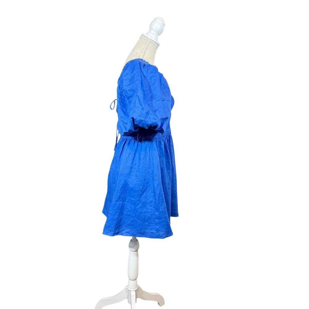 NEW Amalie the Label by Showpo Khaila LInen Lunge Puff Sleeve Mini Dress Blue 6 - Picture 6 of 15